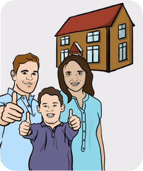 A family thumbs up, in front of their house